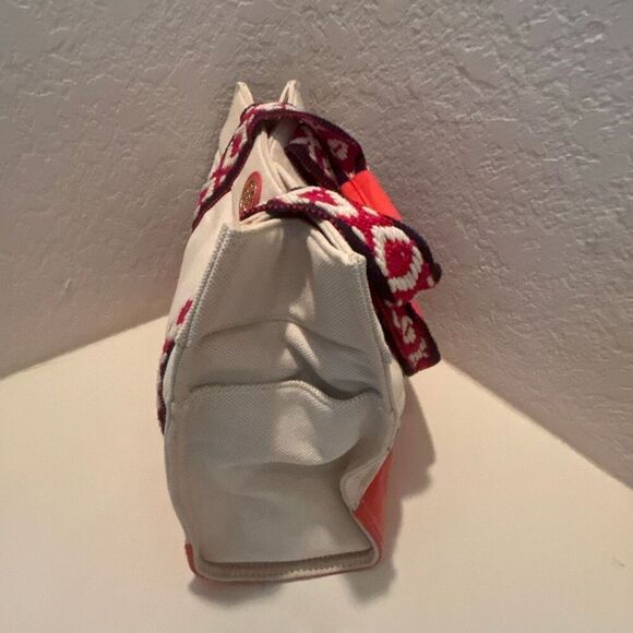 Tory Burch Canvas Tote Bag Neutral Blue Red Boho Strap Coastal Beach Vacation - Picture 3 of 12